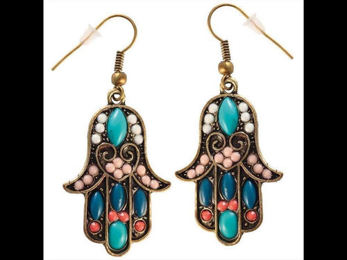 Brass golden Hamsa Khamsa Ohrringe schmal Herz weiß rosa blau Töne Steine - chic - net.de