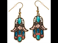 Load image into Gallery viewer, Brass golden Hamsa Khamsa Ohrringe schmal Herz weiß rosa blau Töne Steine - chic - net.de
