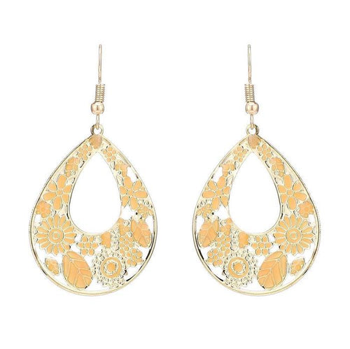 Brass golden orange Ohrringe Emaille Tropfen Creolen Blumen 4 cm - chic - net.de