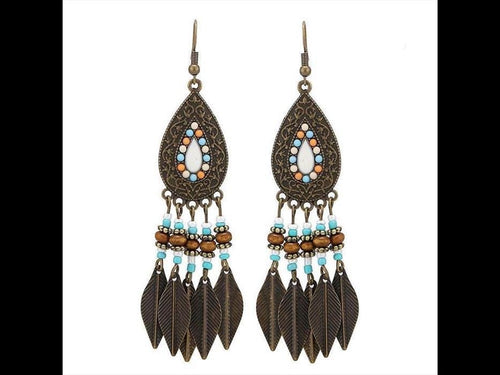 Brass Ohrringe antik golden Tropfen Kreise blau orange Perlen Federn Anhänger - chic - net.de