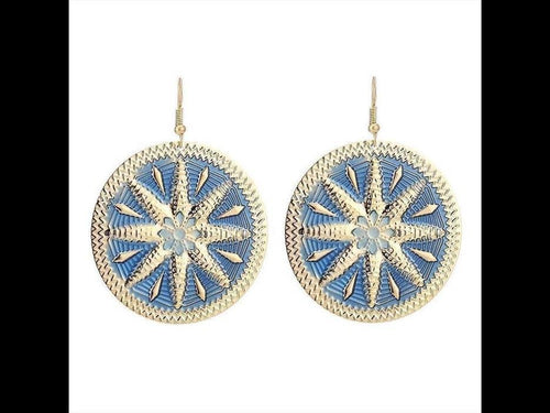 Brass Ohrringe Emaille Sternblume Zackenrand rund blau golden 5 cm Ohrhänger - chic - net.de