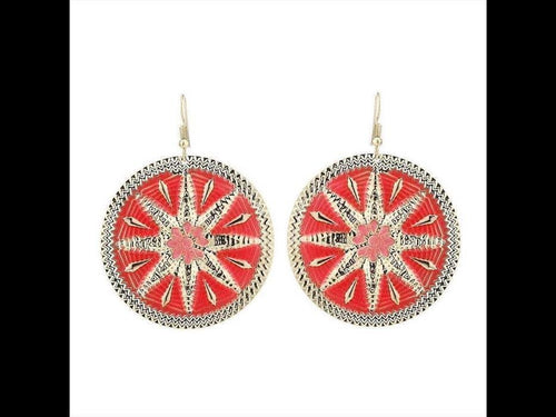 Brass Ohrringe Emaille Sternblume Zackenrand rund rot golden 5 cm Ohrhänger - chic - net.de