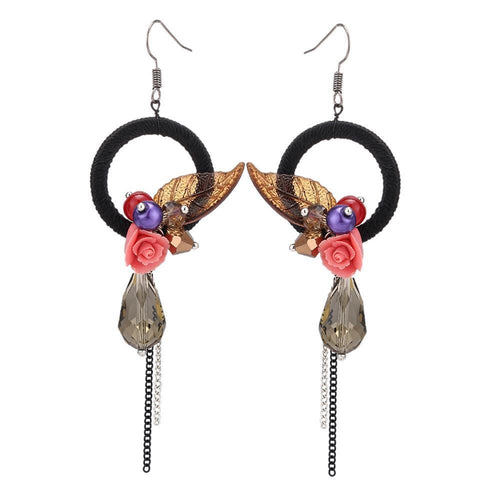 Brass Ohrringe silberfarben dicker Kreis schwarzer Stoff Blatt braun Rose Ketten - chic - net.de