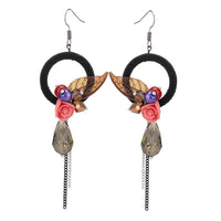 Load image into Gallery viewer, Brass Ohrringe silberfarben dicker Kreis schwarzer Stoff Blatt braun Rose Ketten - chic - net.de
