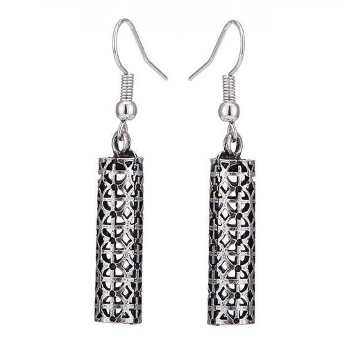 Brass Ohrringe silberfarben oxidiert Zylinder Form Kreise + Zeichen - chic - net.de