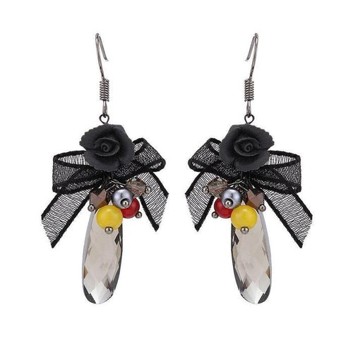 Brass Ohrringe silberfarben Schleife Blume schwarz großer Stein facettiert - chic - net.de