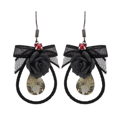 Brass Ohrringe silberfarben Tropfen Stoff schwarz Schleife Blume groß schwarz - chic - net.de