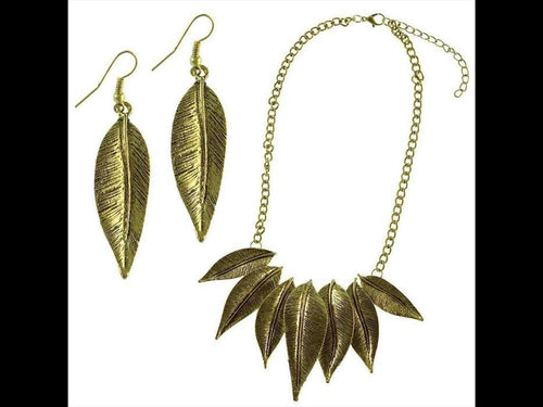 Brass Schmuckset goldfarben Kette Blätter Ohrringe Blatt länglich Länge verstellbar - chic - net.de