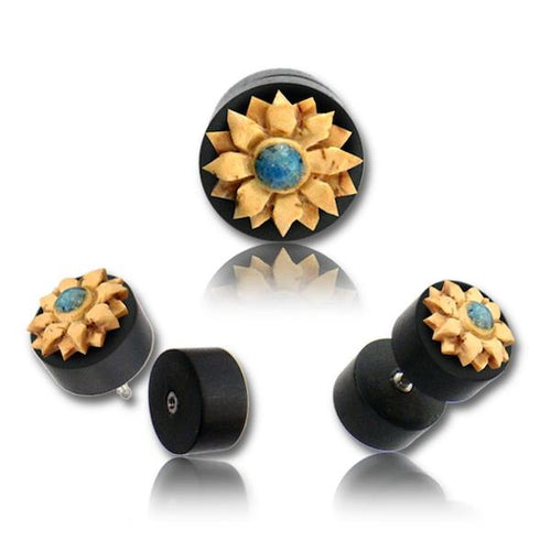 Fake Holz Piercing Arangholz Kokosnuss Türkis Blume schwarz hell Edelstahl Ohrstecker Organic Tribal - chic - net.de