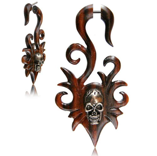 Fake Holz Piercing Narra Wood Steel Inlay Totenkopf spiralig Edelstahl Ohrstecker Organic Tribal - chic - net.de