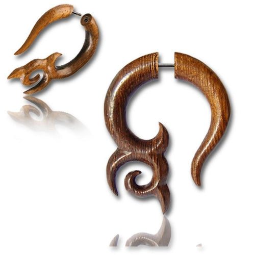 Fake Holz Piercing Parasitholz Bogen verziert Edelstahl Ohrstecker Organic Tribal - chic - net.de