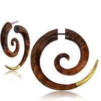 Cargar imagen en el visor de la galería, Fake Holz Piercing Spirale Steckverschluss dunkelbraun goldene Brass Spitze - chic - net.de
