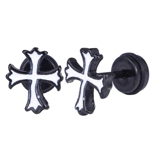 Fake Piercing Expander schwarz mit weißem Kreuz Schaubverschluss Edelstahl - chic - net.de