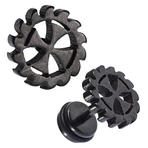 Fake Piercing Expander schwarz Zahnrad mit Kreuz Schaubverschluss Edelstahl - chic - net.de