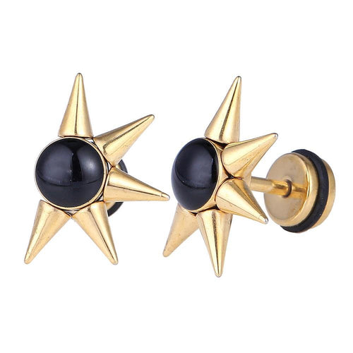 Fake Piercing Expander Zacken schwarzer Stein goldfarben Schraubverschluss Edelstahl - chic - net.de