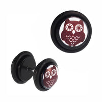 Load image into Gallery viewer, Fake Piercing Plug braune Eule große Augen weißer Hintergrund Acryl Gummiring 7 mm - chic - net.de
