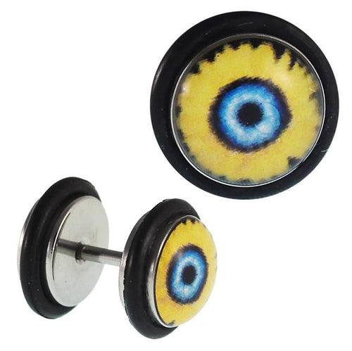 Fake Piercing Plug Edelstahl Blume gelb Kern blau schwarz Gummiring 7 mm - chic - net.de