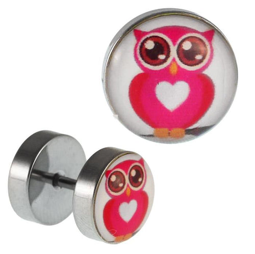Fake Piercing Plug Edelstahl Eule große Augen pink rosa Herz 10 mm - chic - net.de