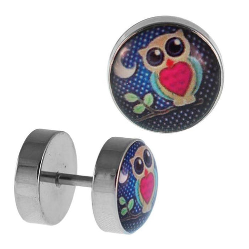 Fake Piercing Plug Edelstahl Eule Kulleraugen Herz pink Ast 10 mm - chic - net.de