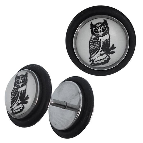 Fake Piercing Plug Edelstahl Eule schwarz auf Ast schwarz Gummiring 7 mm - chic - net.de