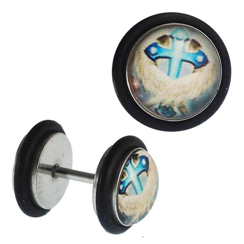 Fake Piercing Plug Edelstahl Kreuz blau schwarz Gummiring 7 mm - chic - net.de