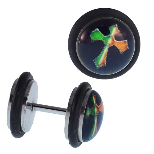 Fake Piercing Plug Edelstahl Kreuz grün rot schwarz Gummiring 7 mm - chic - net.de