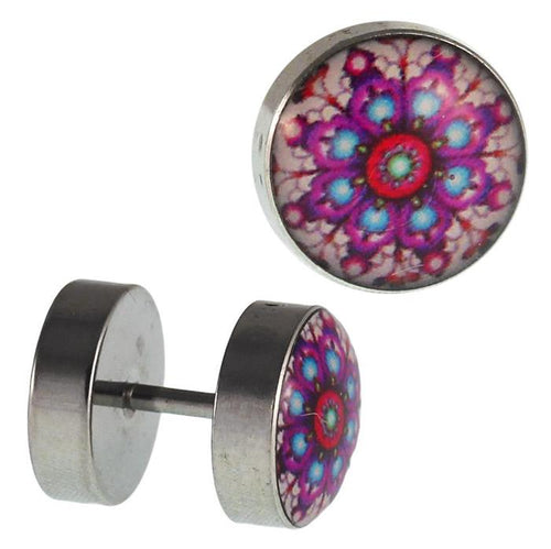 Fake Piercing Plug Edelstahl Mandala Muster lila blau rot 10 mm - chic - net.de