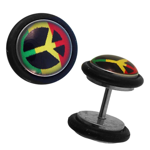 Fake Piercing Plug Edelstahl Peace Zeichen grün gelb rot schwarz Gummiring 7 mm - chic - net.de