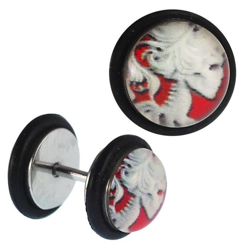 Fake Piercing Plug Edelstahl Skelett Frau Kopf rote Augen schwarz Gummiring 7 mm - chic - net.de