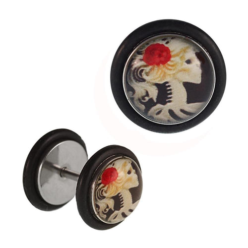 Fake Piercing Plug Edelstahl Skelett Frau rote Blume Gummiring 7 mm - chic - net.de
