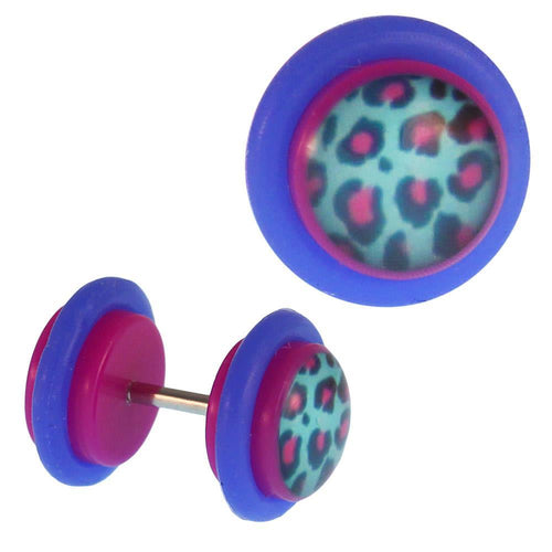 Fake Piercing Plug pink Leoparden Fell pink türkis Gummiring Lila 7 mm - chic - net.de