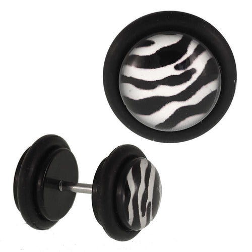 Fake Piercing Plug schwarz Leoparden Fell weiß schwarz Gummiring 7 mm - chic - net.de