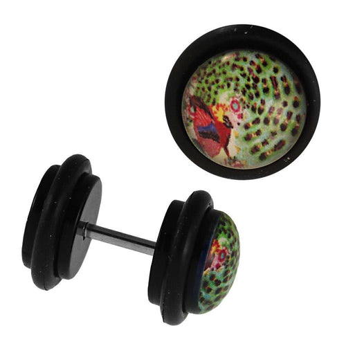 Fake Piercing Plug schwarz Muster grün Vogel bunt Gummiring 7 mm - chic - net.de