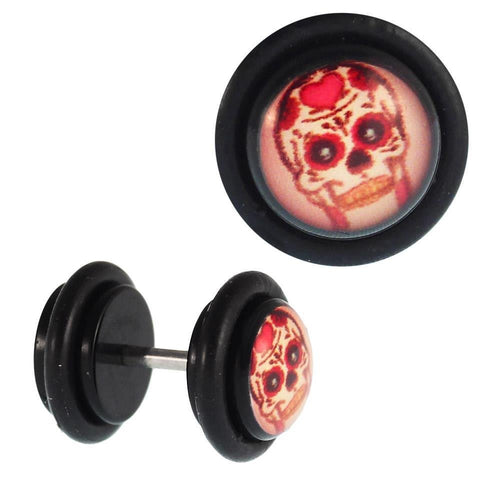 Fake Piercing Plug Totenkopf rot pink Skull mexikanisch Blumen Acryl Gummiring 7 mm - chic - net.de