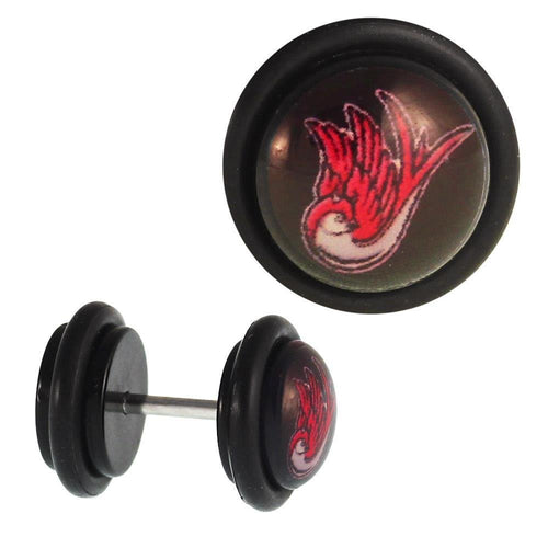 Fake Piercing Plug Tunnel Schwalbe rot schwarz Gummiring 7 mm - chic - net.de