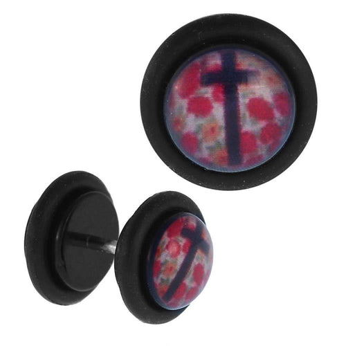 Fake Piercing Plug Tunnel schwarzes Kreuz rote Blumen Gummiring 7 mm - chic - net.de