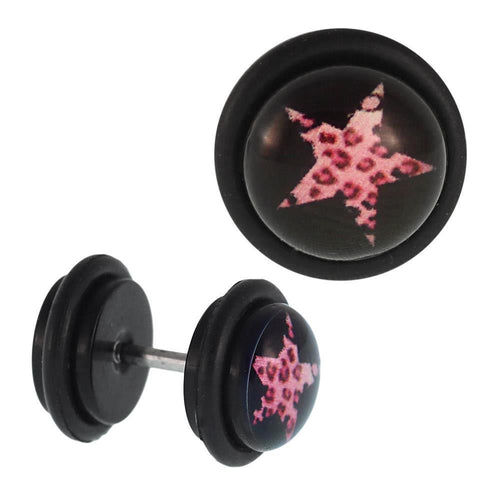 Fake Piercing Plug Tunnel Stern rosa Leoparden Fell Gummiring 7 mm - chic - net.de