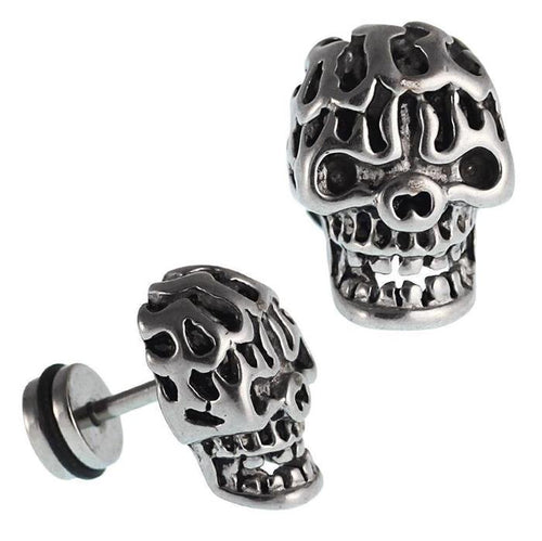 Fake Piercing Totenkopf groß Gebiss schwarz Maserung Edelstahl Schraubverschluss silbern - chic - net.de