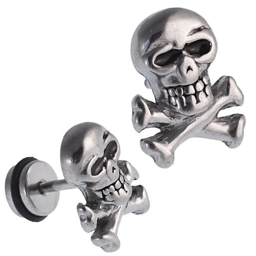 Fake Piercing Totenkopf mit gekreuzten Knochen Edelstahl Schraubverschluss silbern - chic - net.de
