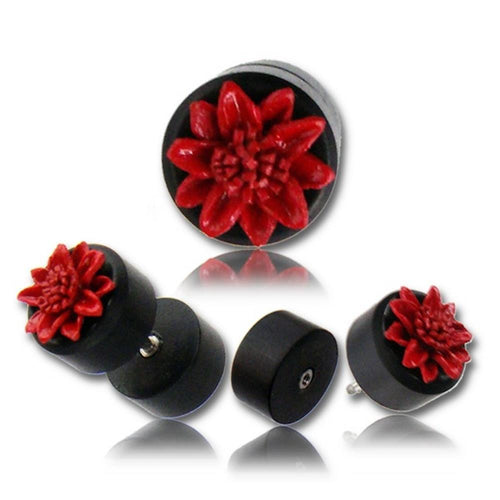 Fake Plug Piercing Arang Holz schwarz rot Leder Blume Handarbeit Edelstahl Ohrstecker 1 mm - chic - net.de