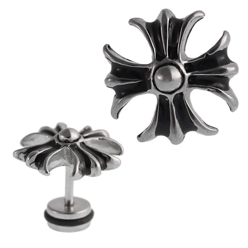 Fake Plug Piercing Edelstahl silberfarben Blume schwarze Streifen Kugel mittig - chic - net.de