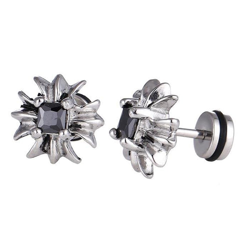 Fake Plug Piercing Edelstahl silberfarben Blume Zirkonia Stein schwarz rund - chic - net.de