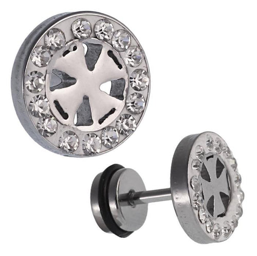 Fake Plug Piercing Edelstahl silberfarben Rand Zirkonia Steine Kreuz mittig - chic - net.de