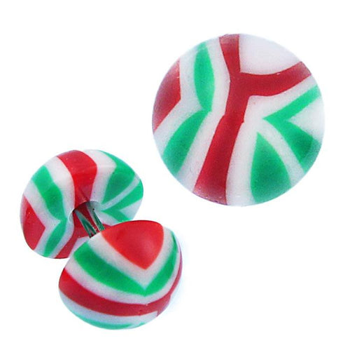 Fake Plug Piercing Halbkugel mit rot - grün - weiß Muster aus Acryl und Edelstahl Stift - chic - net.de