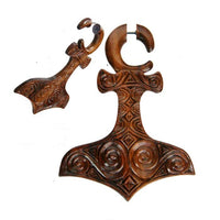 Load image into Gallery viewer, Fake Spirale Piercing Thors Hammer Tribal Muster dunkelbraunes Holz - chic - net.de
