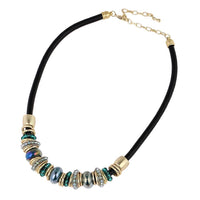 Load image into Gallery viewer, Glitzer Messing Kette golden schwarz türkis Perlenringe Leder 41,5 - 49,5cm Karabiner - chic - net.de

