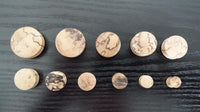 Load image into Gallery viewer, Ten round, flat Bananenholz Plug Naturmaserung Holzplugs—some with unique dark grain patterns—are arranged in two rows on a black surface, beautifully displaying these hand-carved Tribal Tunnel Ohrstecker Expander plugs.
