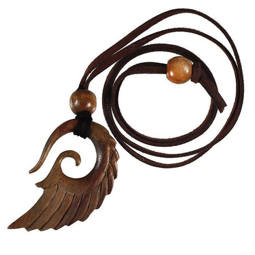 Kette Holz Flügel Spiralen Anhänger braun gestreift Lederband verstellbar Holzperlen 75 cm - chic - net.de