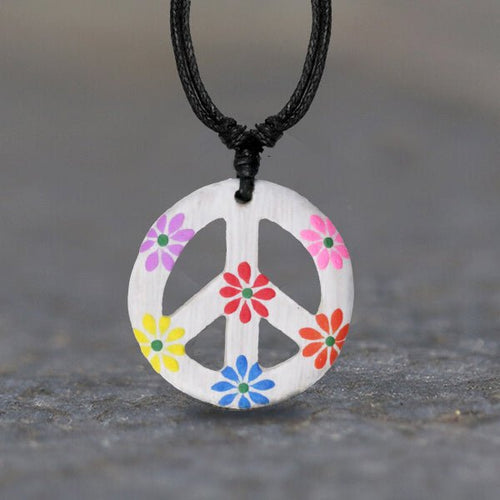 Kette Sono Holz Peace Anhänger schwarz Blumen bunt 33 mm verstellbar Baumwolle Hippie - chic - net.de