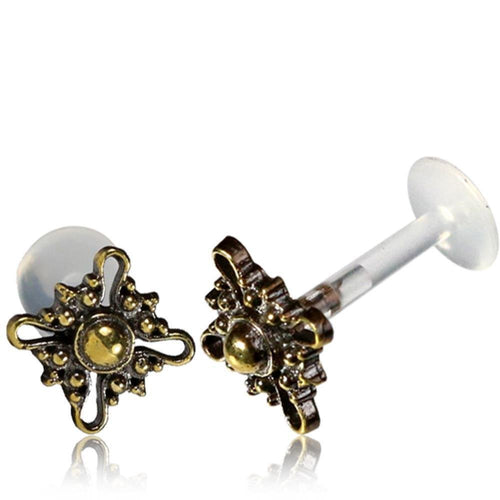 Labret Lippen Piercing Acryl Kreuz Blume antik golden Brass Motiv - chic - net.de